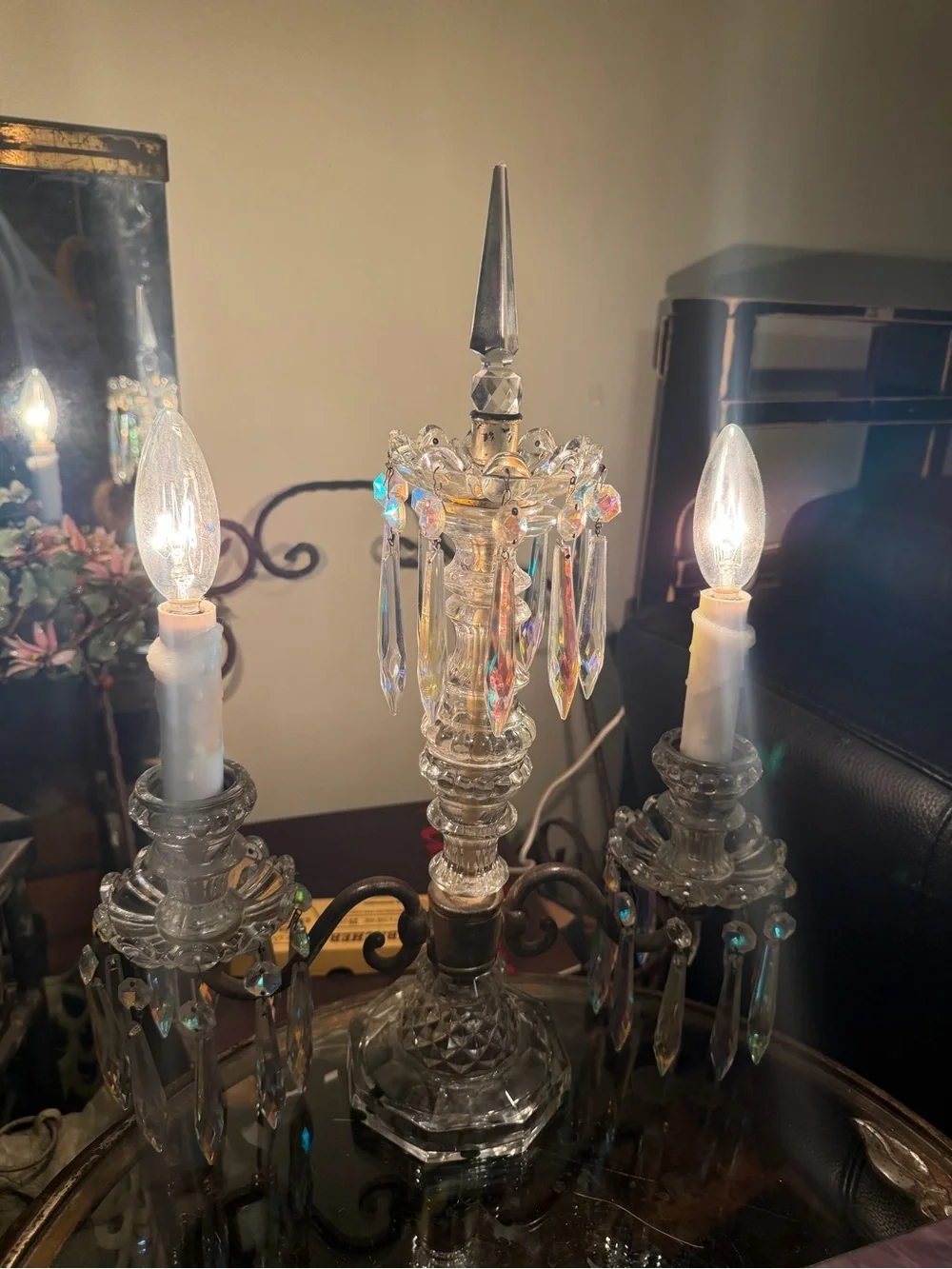 Antique Rare Aurora Borealis Crystal Dual Arm Candelabra Lamp Baccarat Style